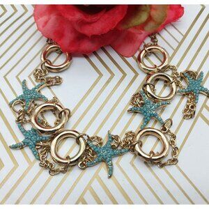 MINT Condition Charming Charlie Beachy Chain Gold Tone Blue Sea Star Stations